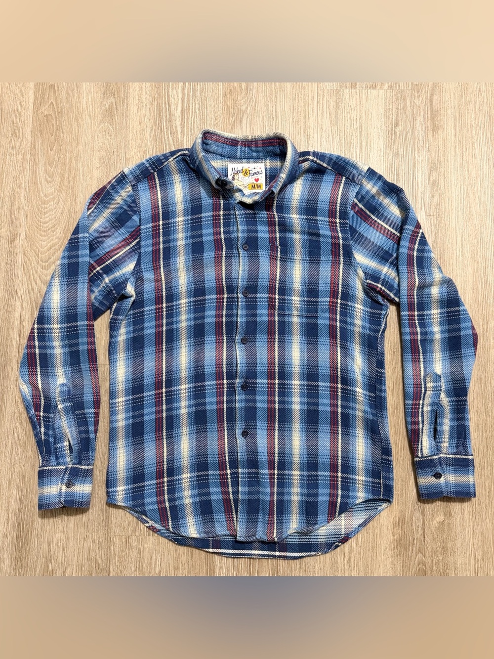 Naked & Famous Japanese Flannel Shirt M Blue Plaid Made in Canada Button Up